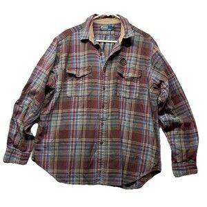 Polo Ralph Lauren Shirt Men XL Flannel Plaid Pheasant Patch Button Up Flannel